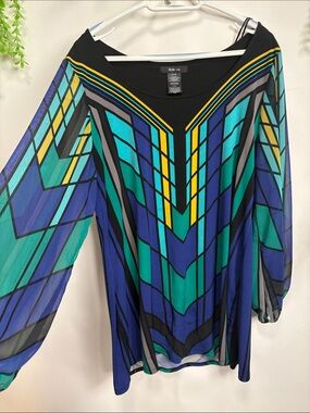Style & Co. Geometric Sheer Blouse in Blue, Teal, Yellow and Black